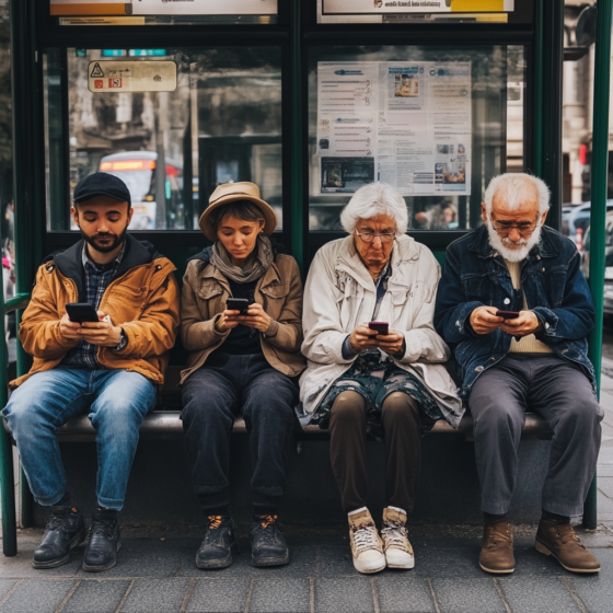 Four adults at a bus stop all looking down at their smartphones