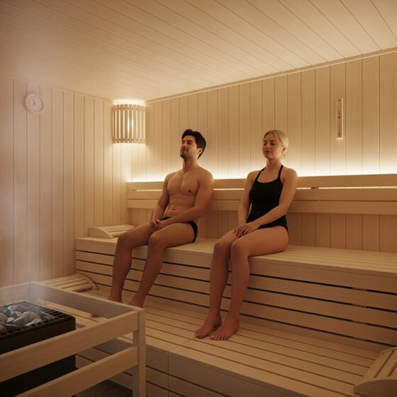 A man and a woman having a sauna