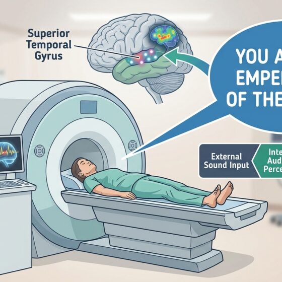Image showing person lying in MRI scanner with speech bubble pointing at superior temporal gyrus with words "you are the emperor of the world"