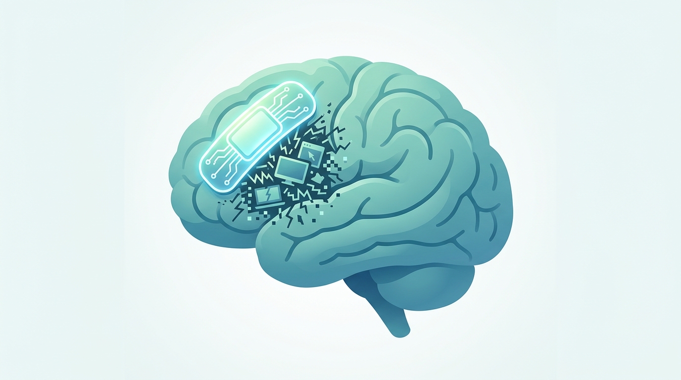 An image of a brain with a silicon circuit outline embedded in a plaster placed over the rear part of the frontal lobes beneath which a variety of different types of screen appear to be spilling out of the brain